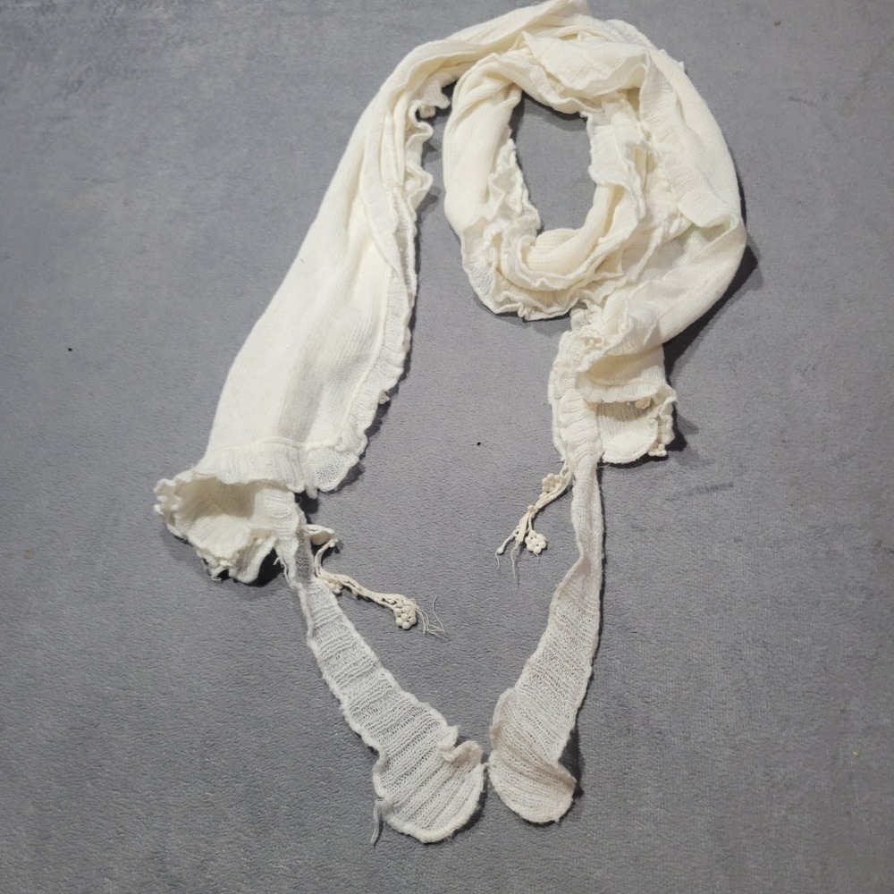 Scarf Women Cream Ruffle Knit Crochet Trim Boho Cottagecore Skinny Coquette Art